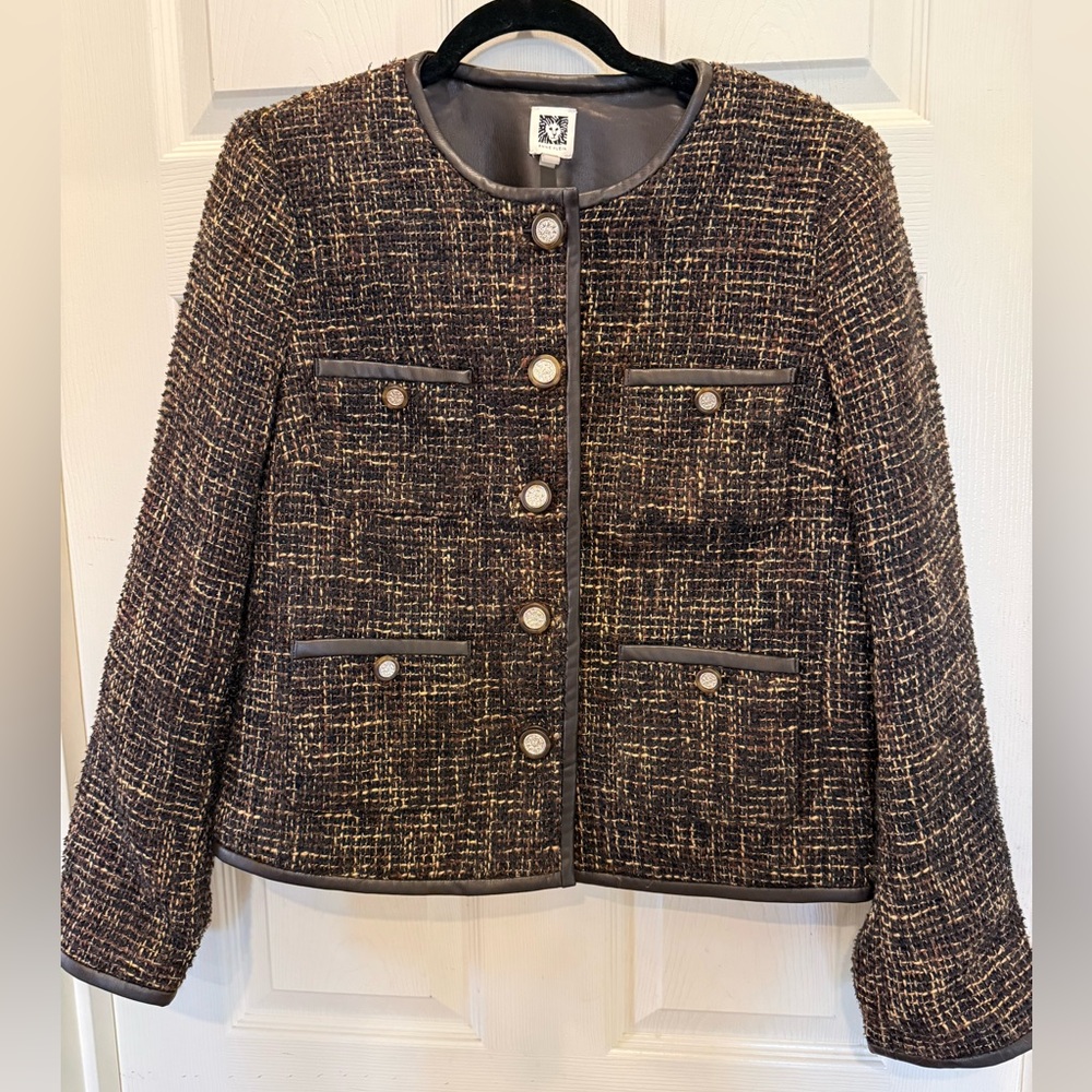 Anne Klein Tweed Blazer - Black and Brown with Faux Leather Trim